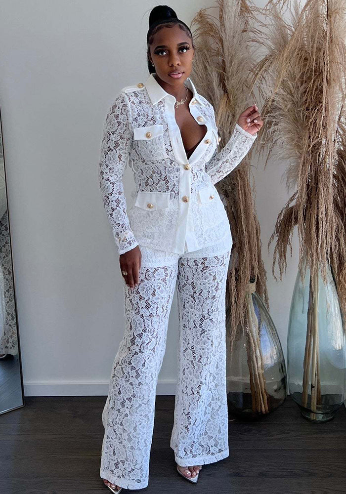 Women Fall Turndown Collar Long Sleeve Top and Pants Two-piece Set