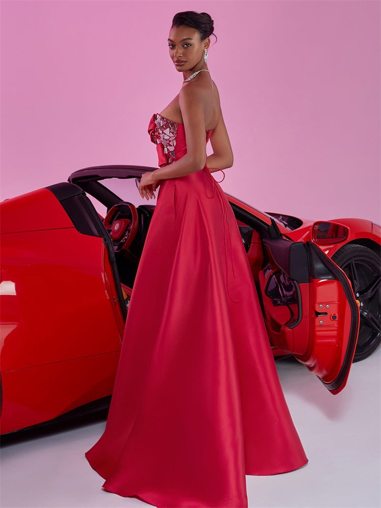 Women's Elegant Low Back Strapless A-Line Red Bridesmaid Formal Evening Dress 4