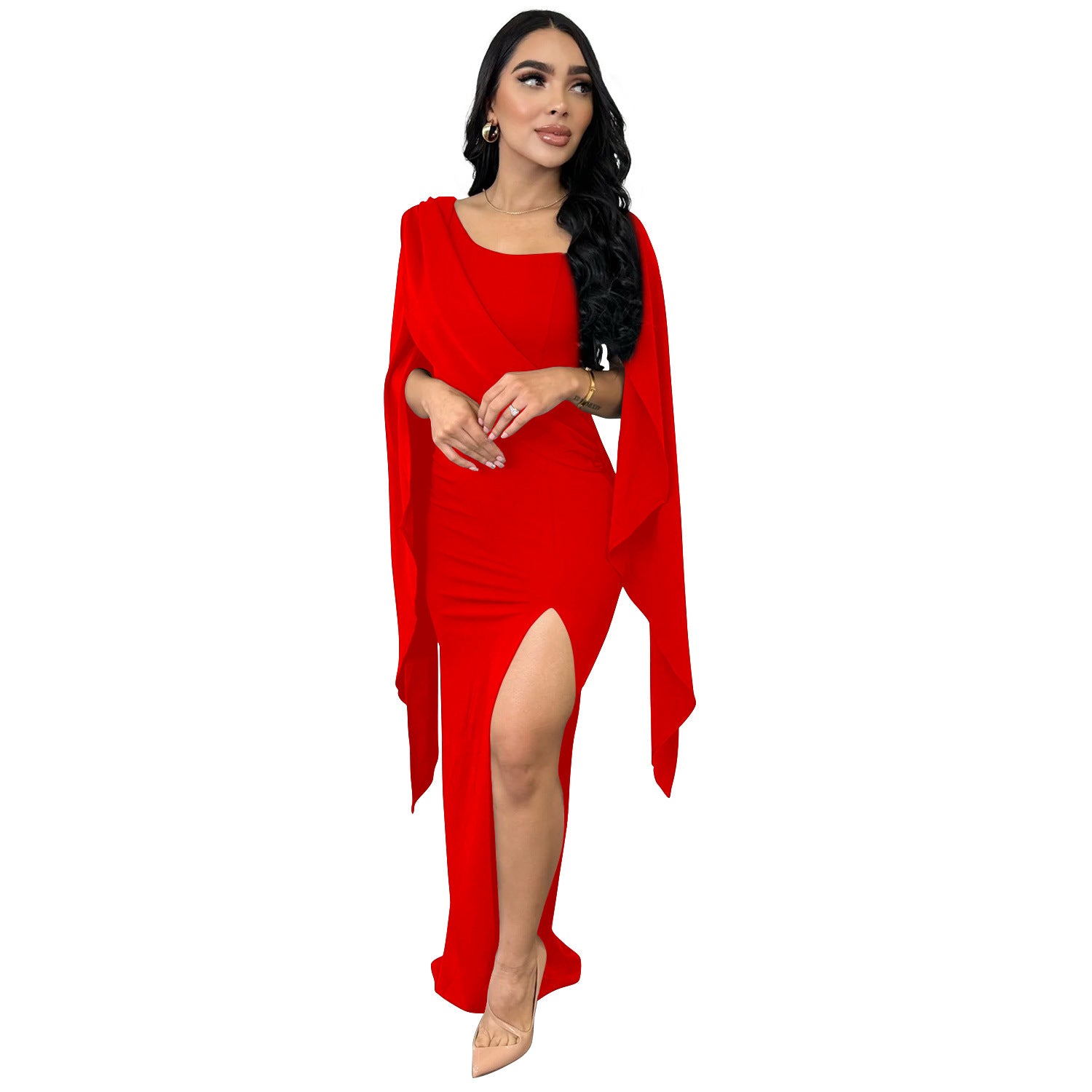 Fashion Women's Solid Color Long Sleeve Slit Pleated Maxi Dress 14