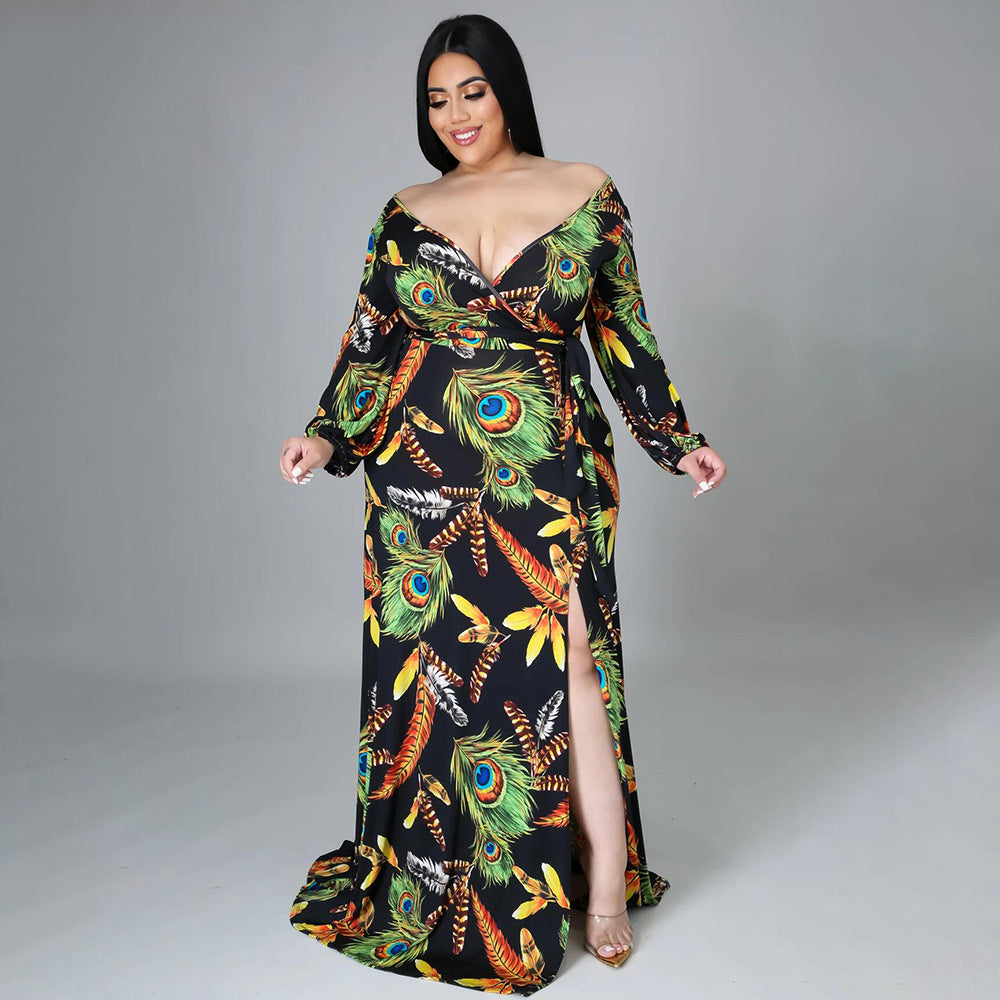 Plus Size Women Feather Print Sexy Slit Dress 3