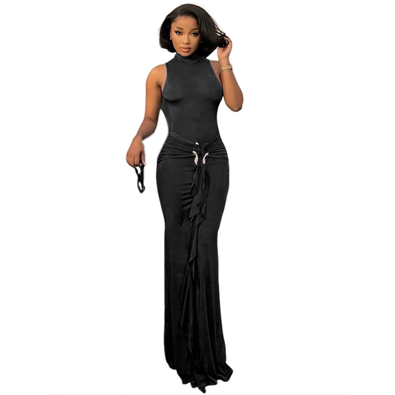 Fashion Women's Solid Color Semi-Turtleneck Metal Button Sleeveless Slim Sexy Dress 18