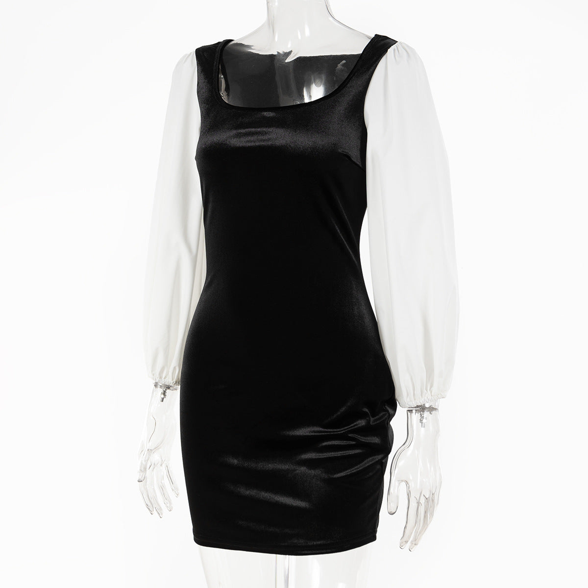 Women Sexy Square Neck Velvet Patchwork Contrast Color Lantern Sleeve Bodycon Dress 7