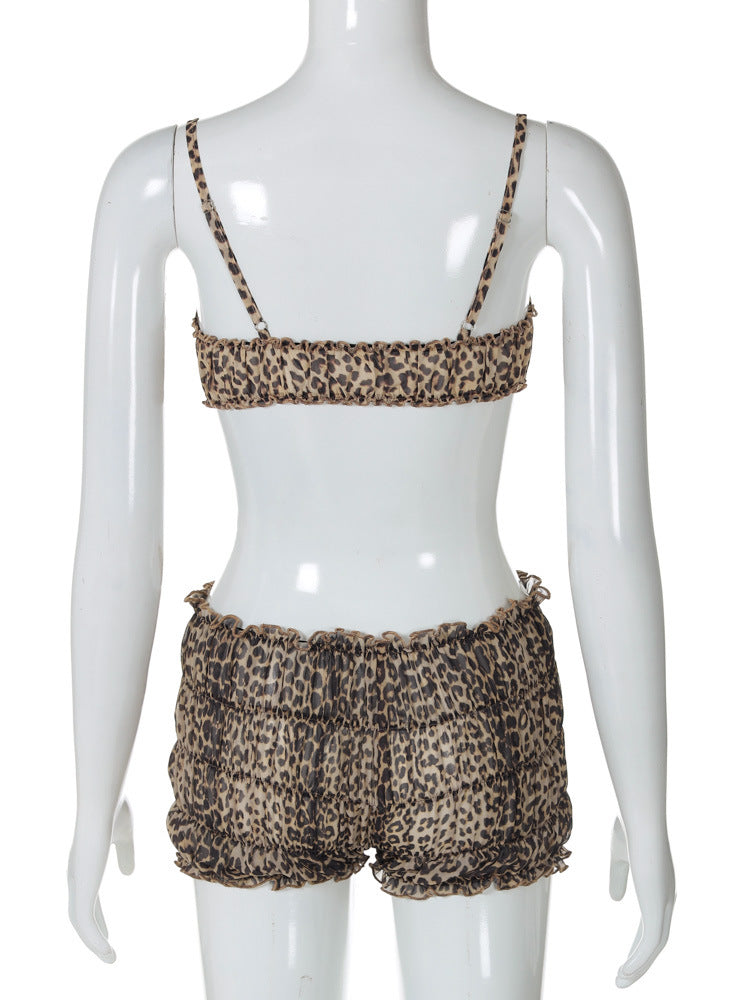 Women summer sexy leopard print lace Halter Neck Top And Ruffles shorts two-piece set 9
