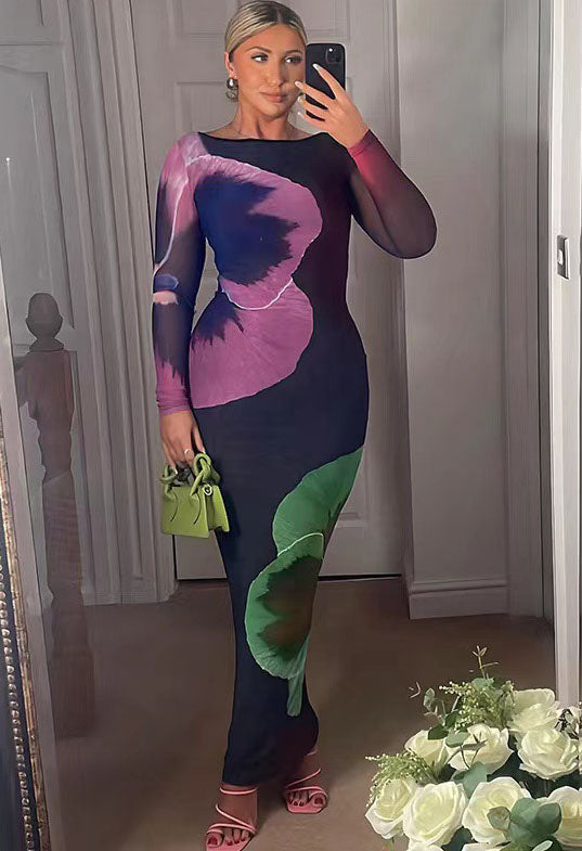 Women Spring Sexy Print Round Neck Bodycon Dress