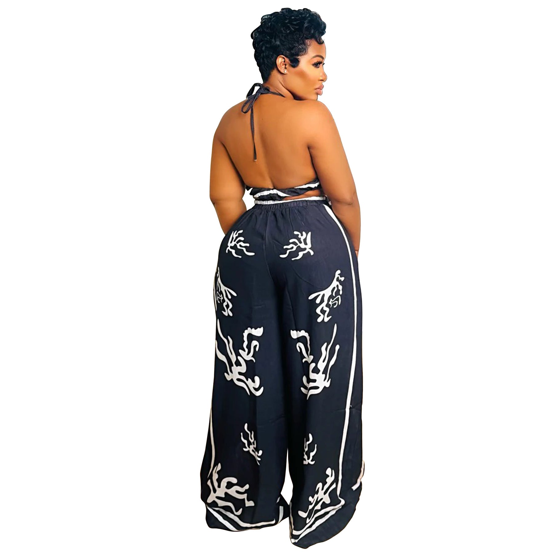 Summer Sexy Print Halter V Neck Vest Wide Leg Pants Two Piece Set 37