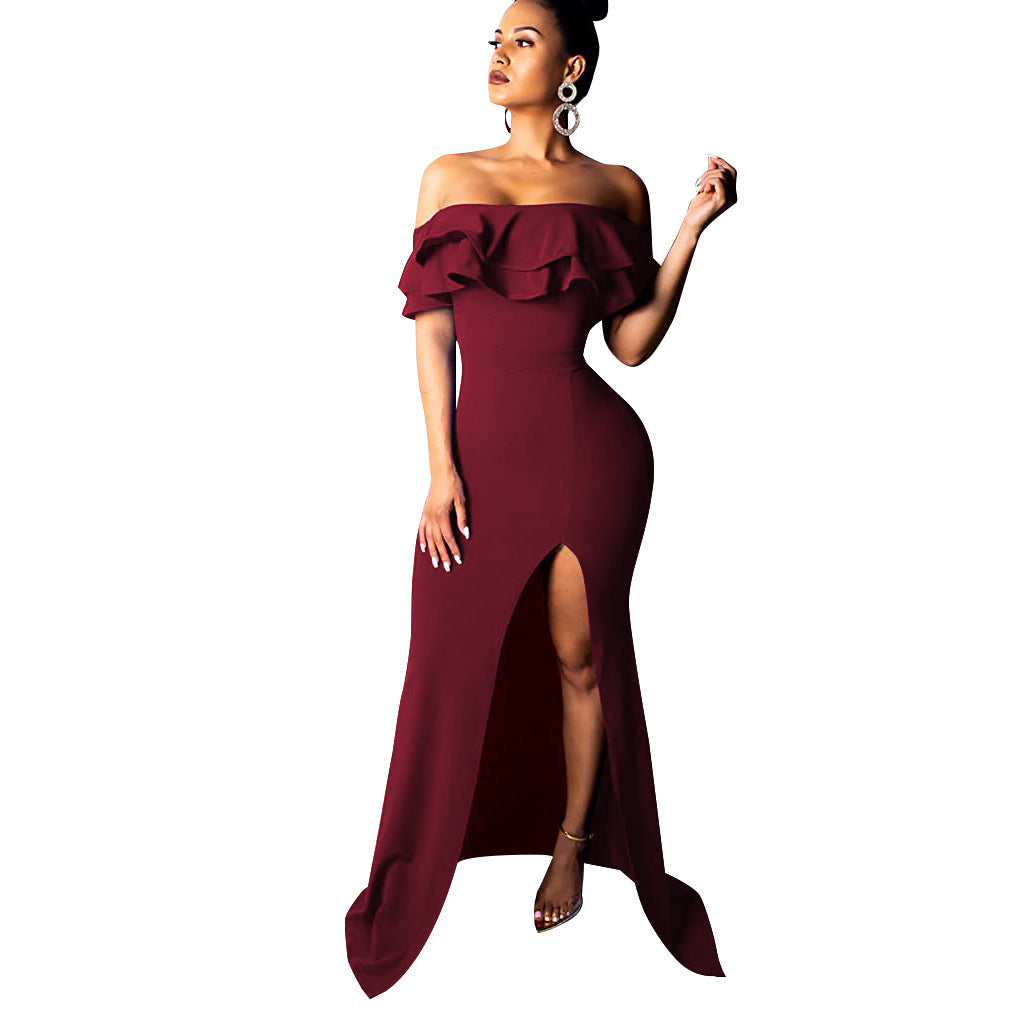Sexy Fashion Ruffle Off Shoulder Split Dress 4