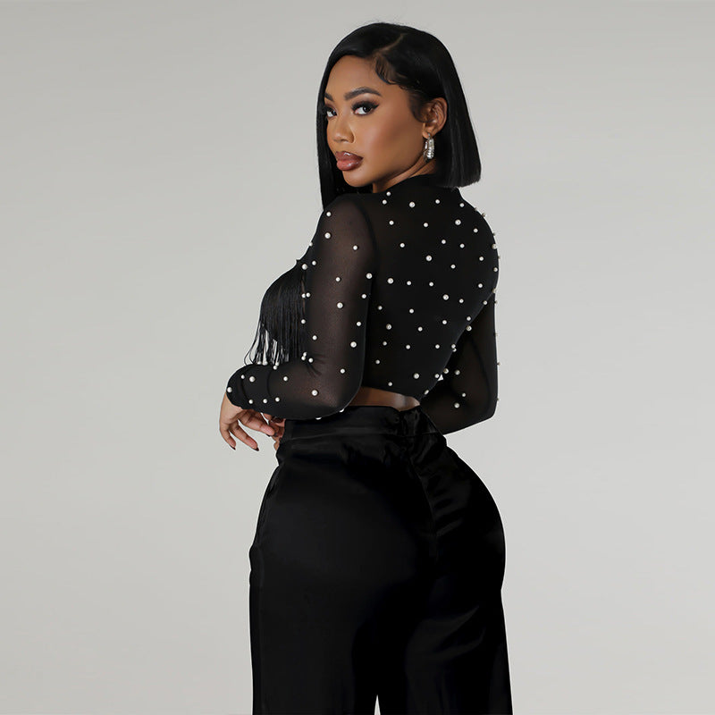 Women summer solid round neck polka dot mesh crop top and trousers two-piece suit 5
