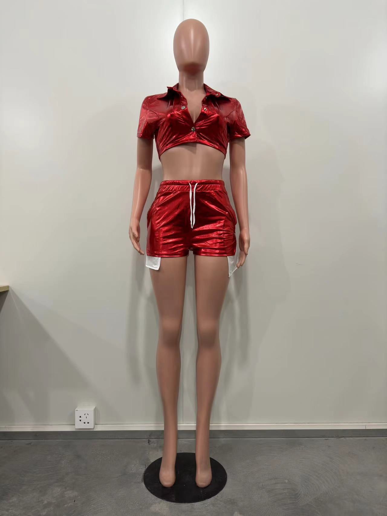 Women's Deep Pocket Slit Pu Leather Short Front Short Back Long Shorts Two-Piece Set 31