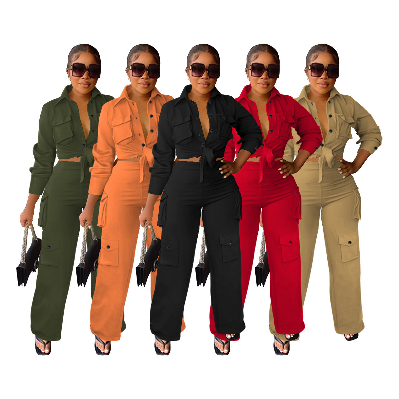 Women Cargo Long Sleeve Top and Wide Leg Pants Solid Two-Piece Set