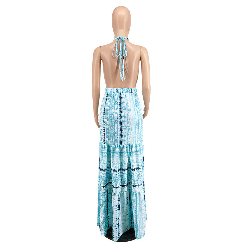 Women Clothes Summer Print Halter Strap Backless Casual Maxi Dress 10