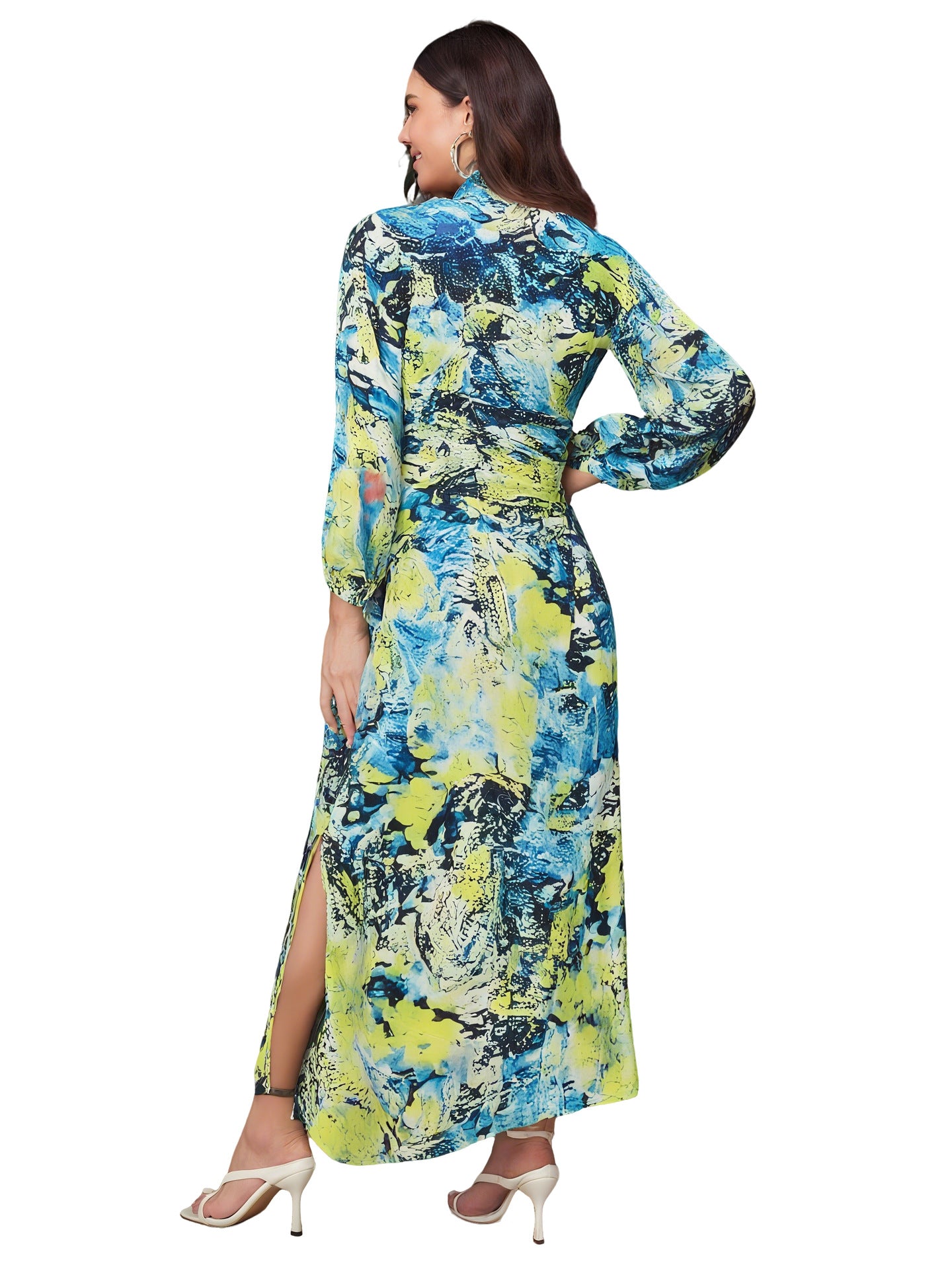 Women's Spring Autumn Long Sleeve Tie-Waist Sexy Bodycon Slit Print Color-Blocking Shirt Dress 5