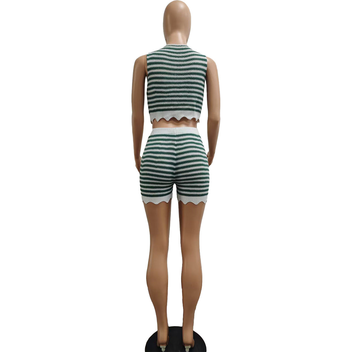 Fashion Casual Summer Contrast Color Knitting Short Sleeve Two Piece Shorts Set 9