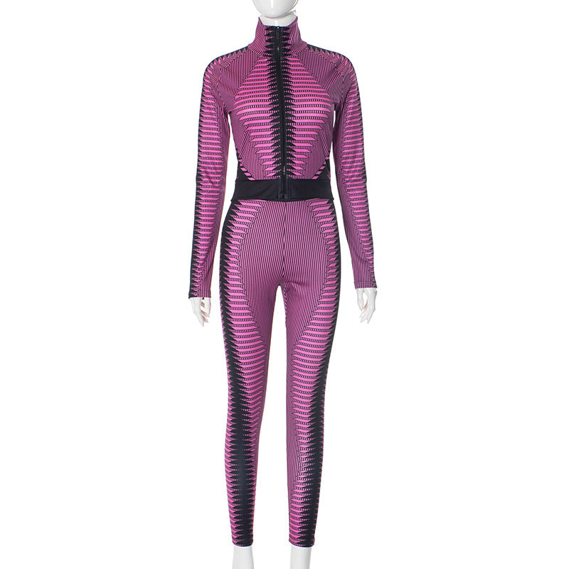 Women's autumn and winter contrast stripe print Stand Collar zipper top trousers yoga suit 4