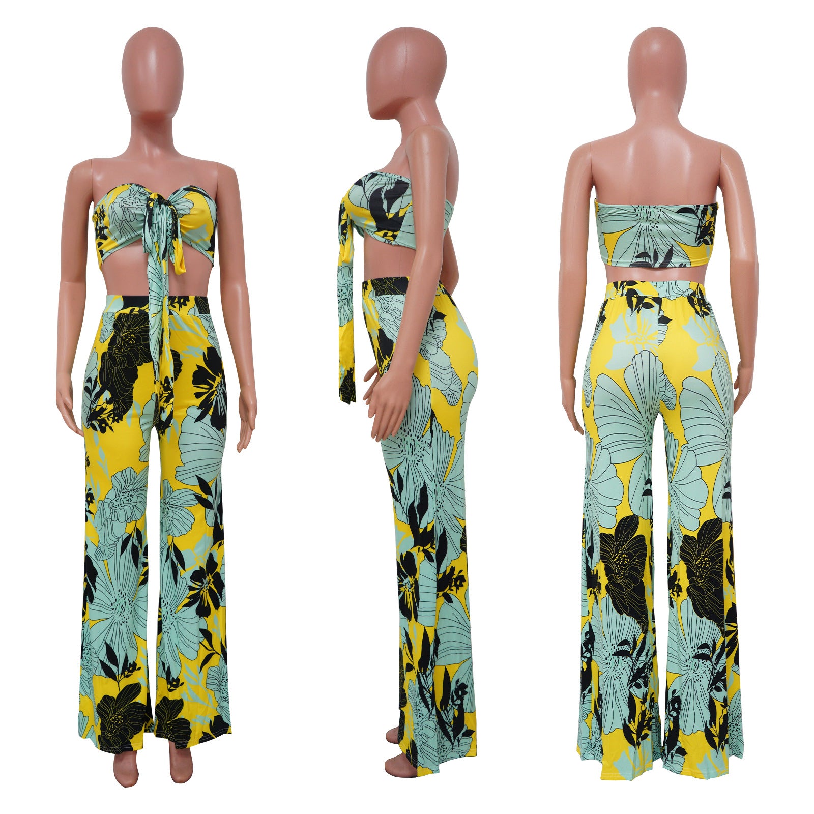 Women Casual Strap Printed Strapless Top and Wide Leg Pants Two-piece Set 11