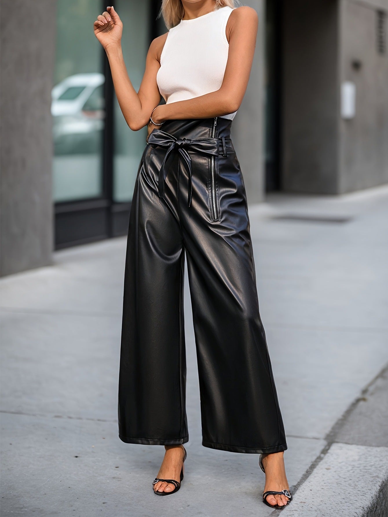 Women Belt Zipper Casual pu Leather Pants 3