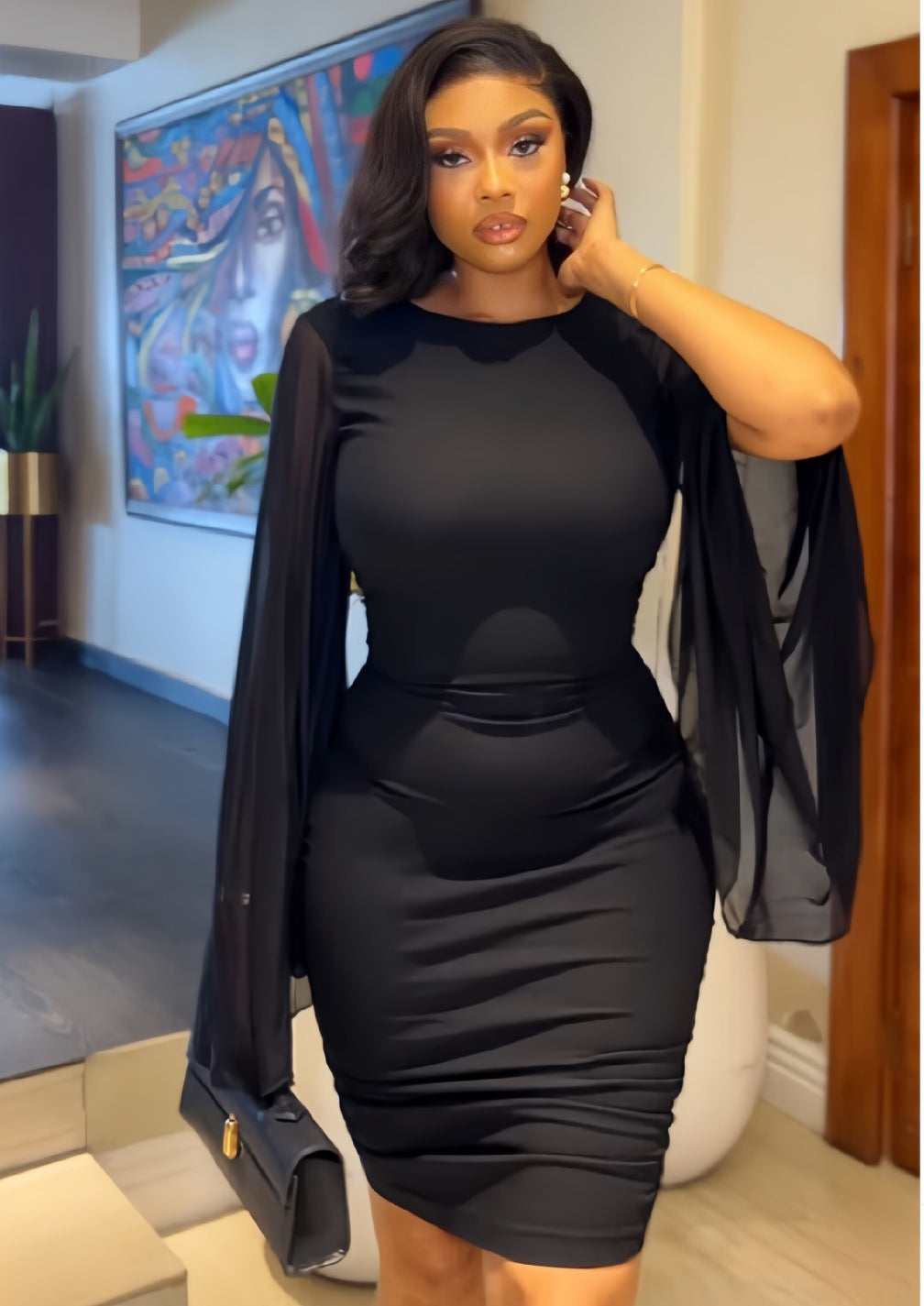 Women Fall Solid Round Neck Bell Bottom Sleeve Sexy Backless Bodycon Dress 3