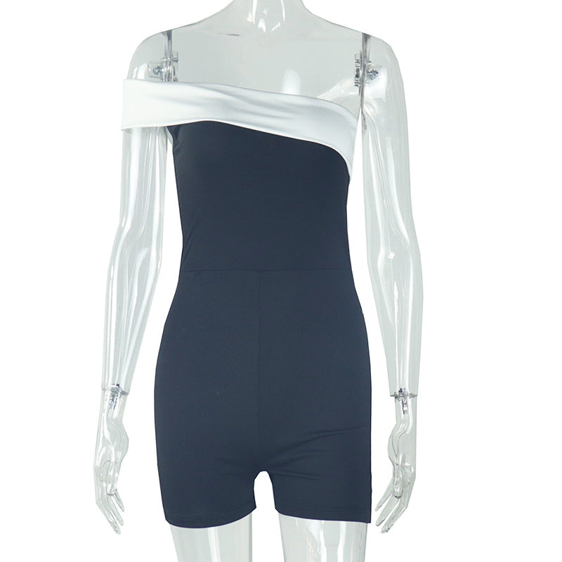 Women Elegant Black and White Colorblock Strapless Off Shoulder Jumpsuit 8