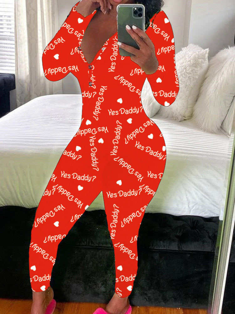 Women's Sexy Fashion Pattern Print Deep V-Neck Long Sleeve Tight Slim Jumpsuit 15