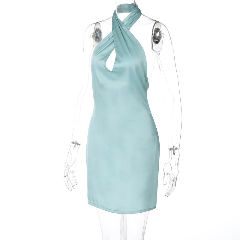 Summer Solid Color Sleeveless Sexy Halter Neck Low Back Bodycon Dress 7