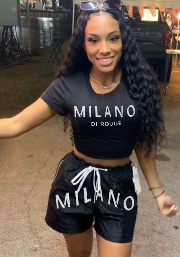 Summer Fashion Letter Print Short Sleeve Round Neck T-Shirt Elastic Waist Shorts Set