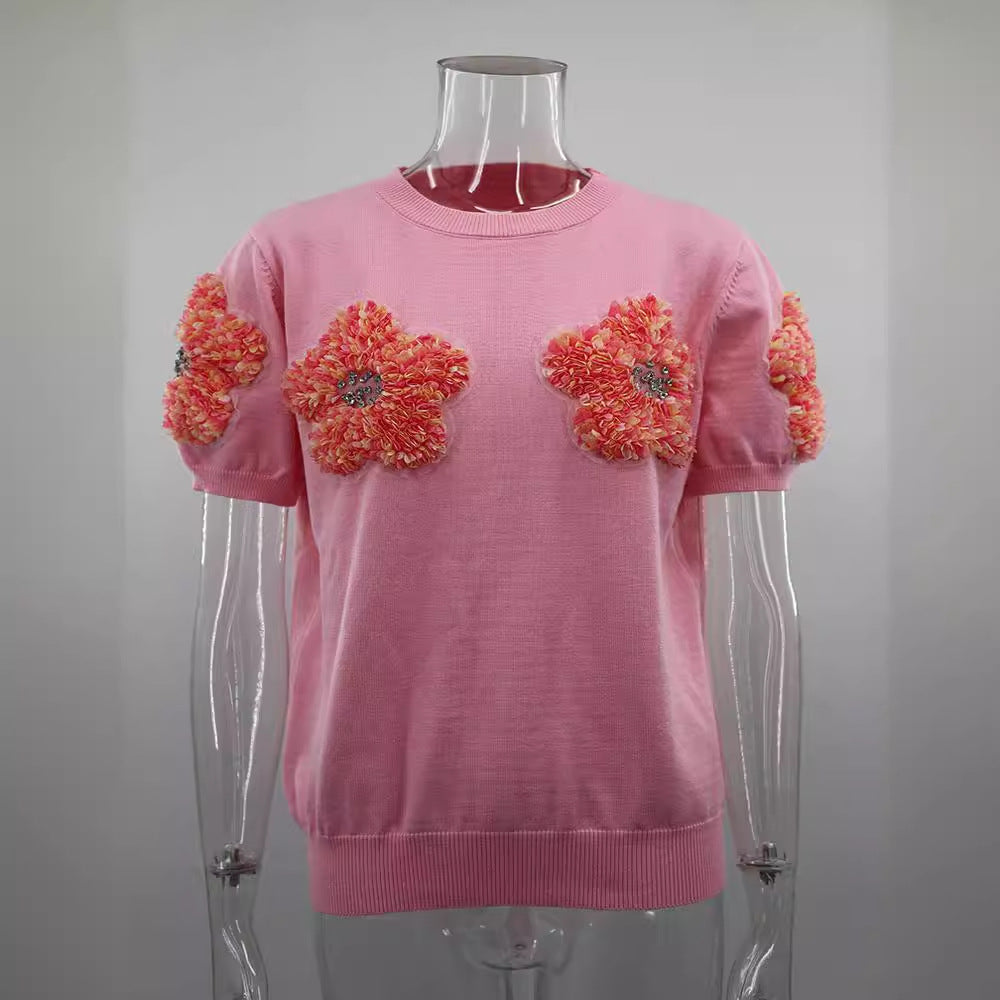Women Contrast Color Flower Round Neck short-sleeved Top 11