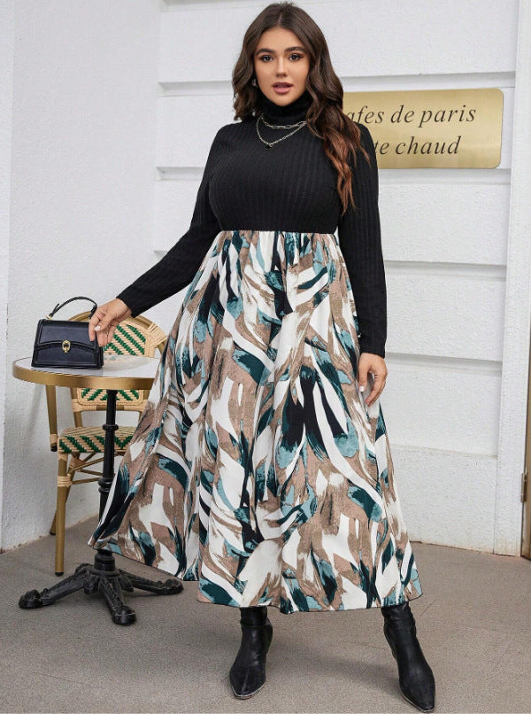 Plus Size Women Print Color Block Turtleneck Dress 6