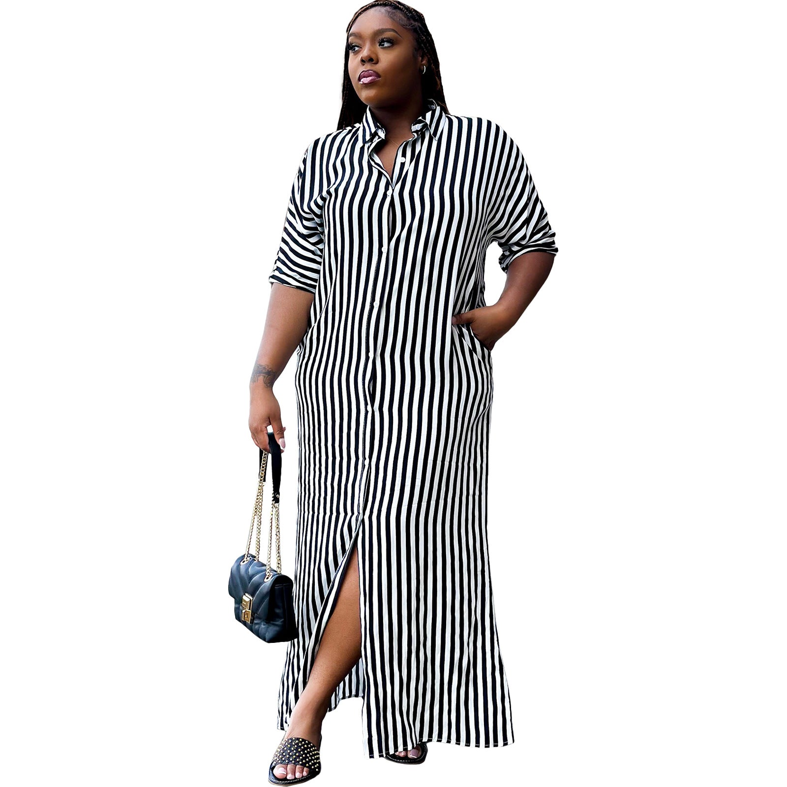 Womens Striped Shirt Long Casual Dress 9