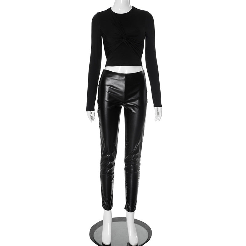 Women long sleeve stretchy pu Leather Top And PantTwo Piece Set 10