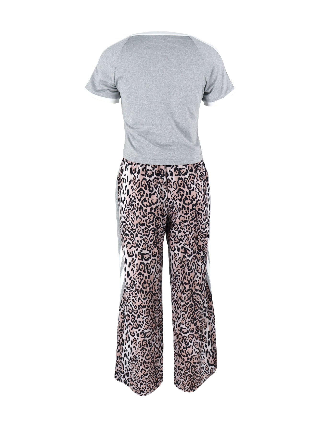 Women Autumn Short Sleeve Leopard Colorblock Top and Pants Two Piece Set 5