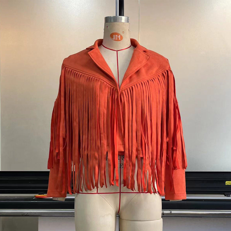 Women'S Autumn And Winter Turndown Collar Fringe Short Suede Leather Jacket 14