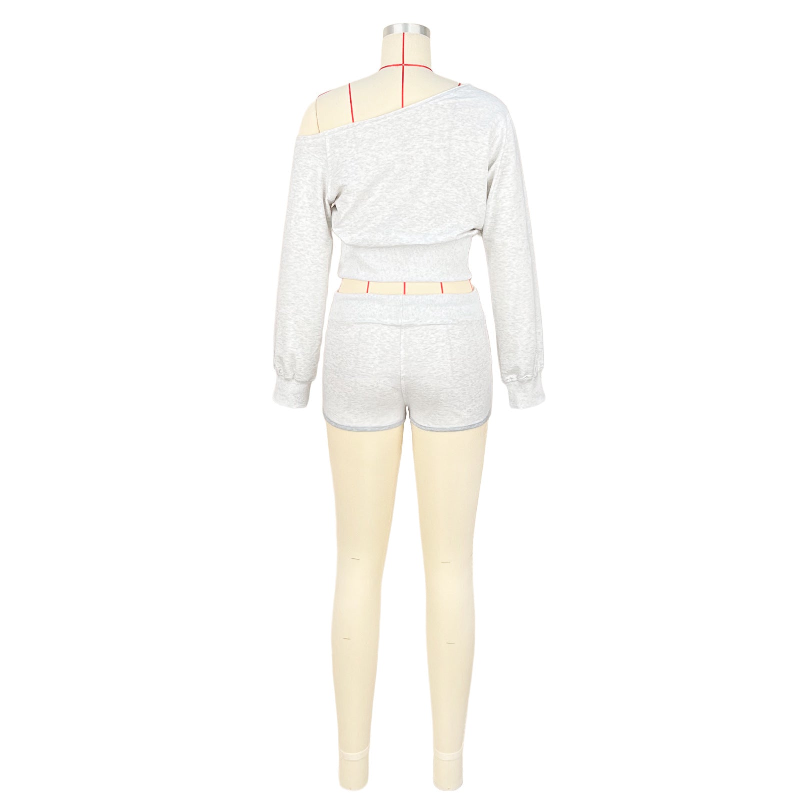 Women's Casual Slash Shoulder Long Sleeve Top Drawstring Shorts Two-Piece Set 7