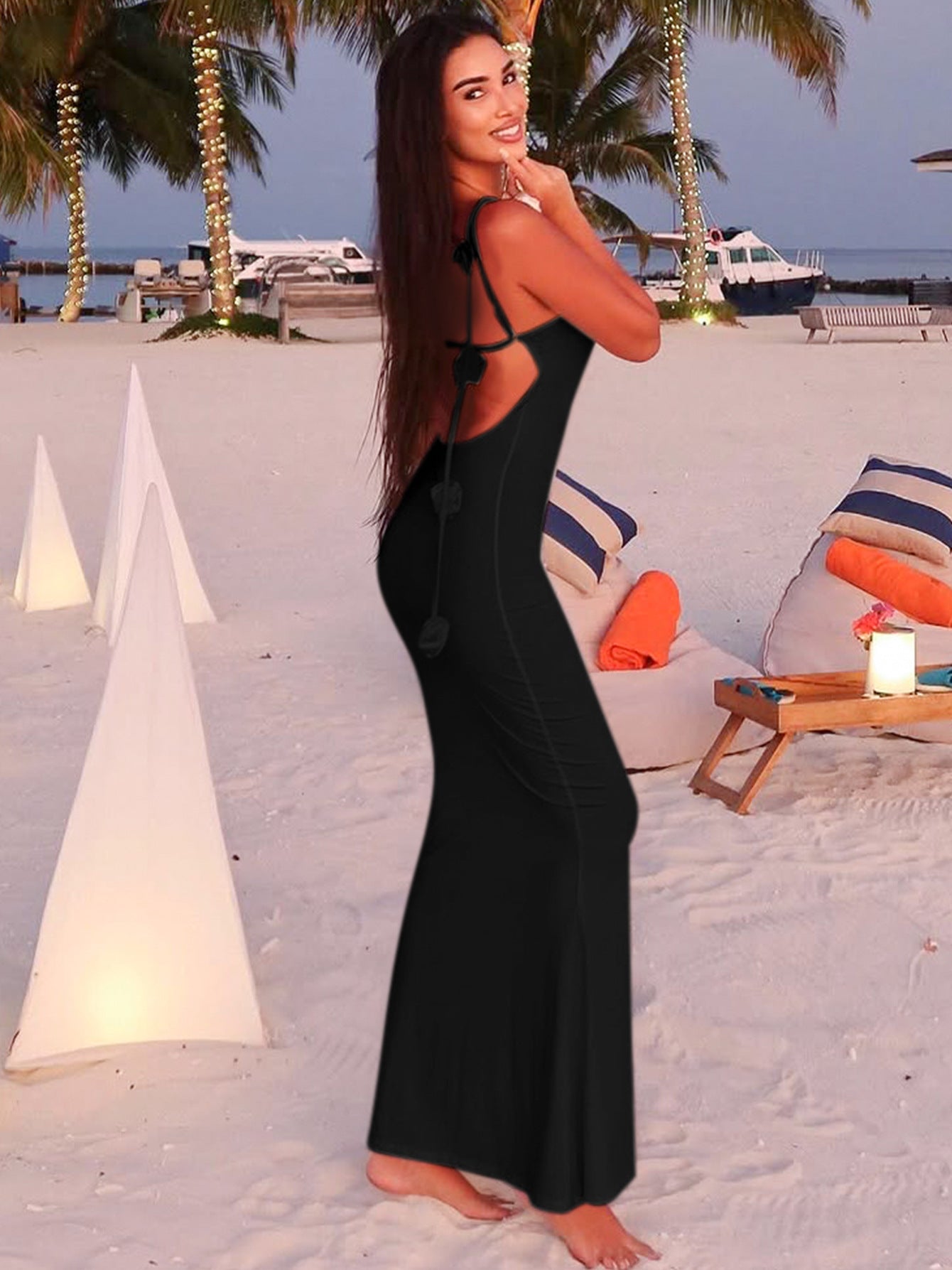 Summer Women's Sexy Low Back Flower Decorated Strap Long Dress 3