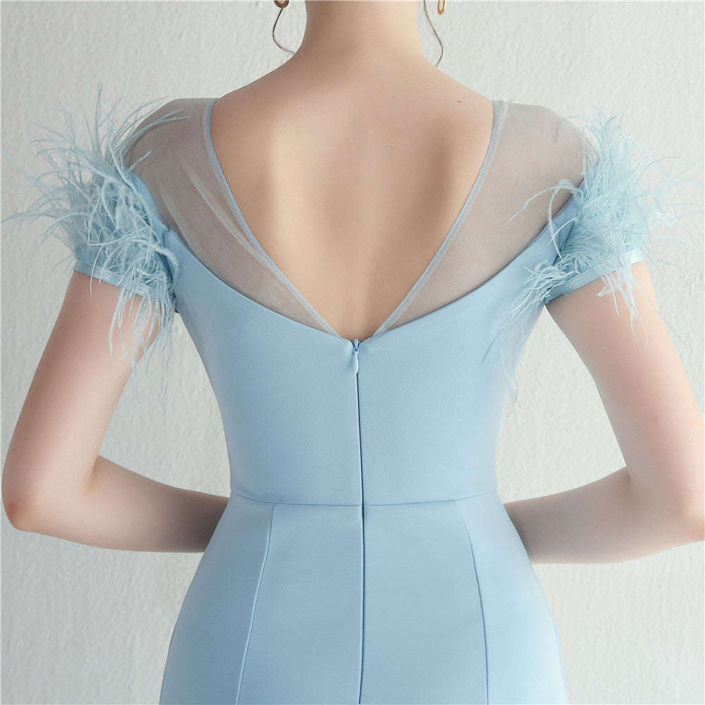 Mesh Beaded + Embellished Feather Star Red Carpet Long Evening Gown 40