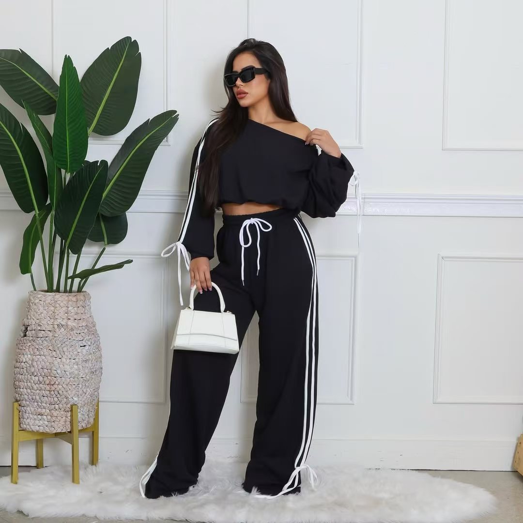 Autumn Casual Women's Solid Color Loose Webbing-Trimmed Two-Piece Pants Set 3