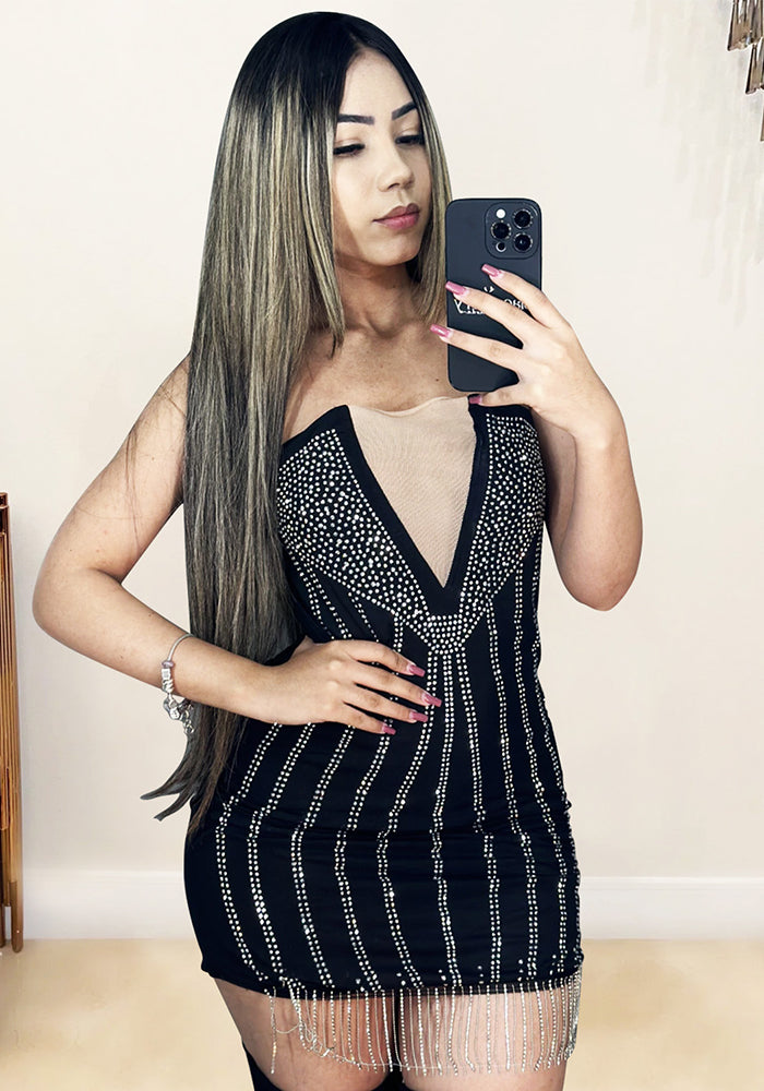 Women sexy mesh patchwork diamond tassel dress