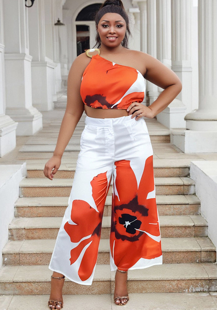 Plus Size Spring/Summer Printed One Shoulder Crop Top Wide Leg Pants Two Piece Set