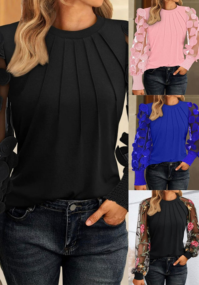Autumn Long-Sleeve Fashion Mesh Patchwork Round Neck Blouse