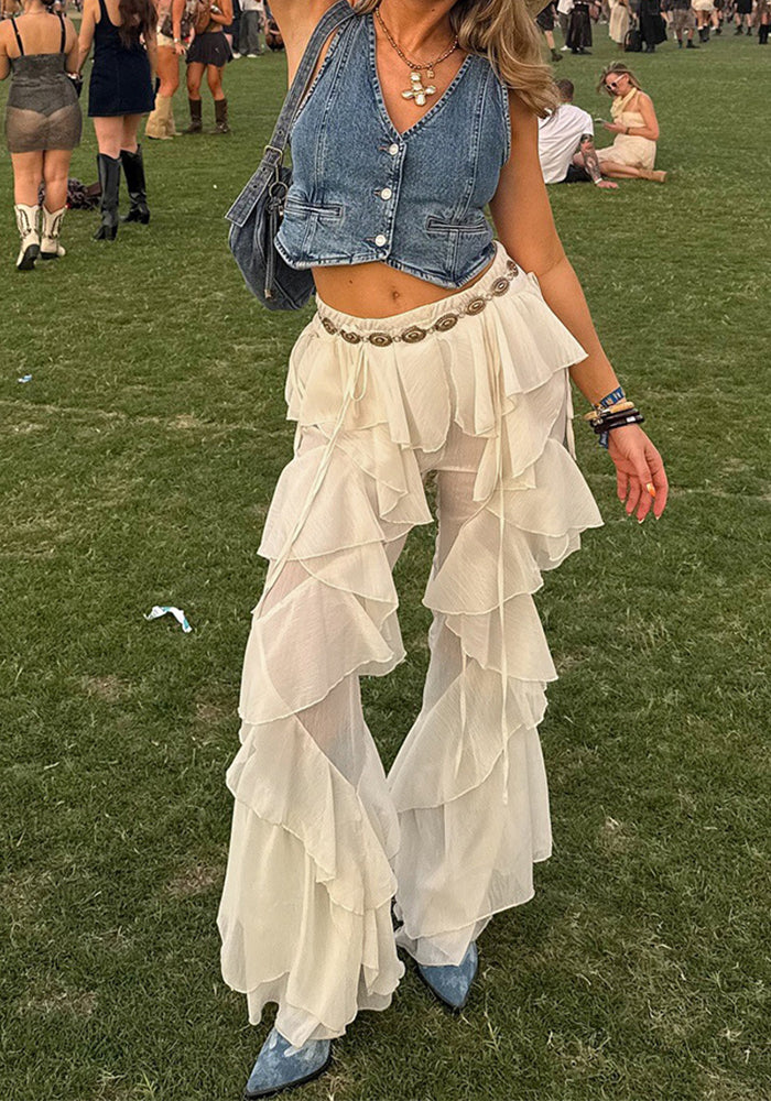 Women Street Lace-Up Patchwork Ruffle Pants