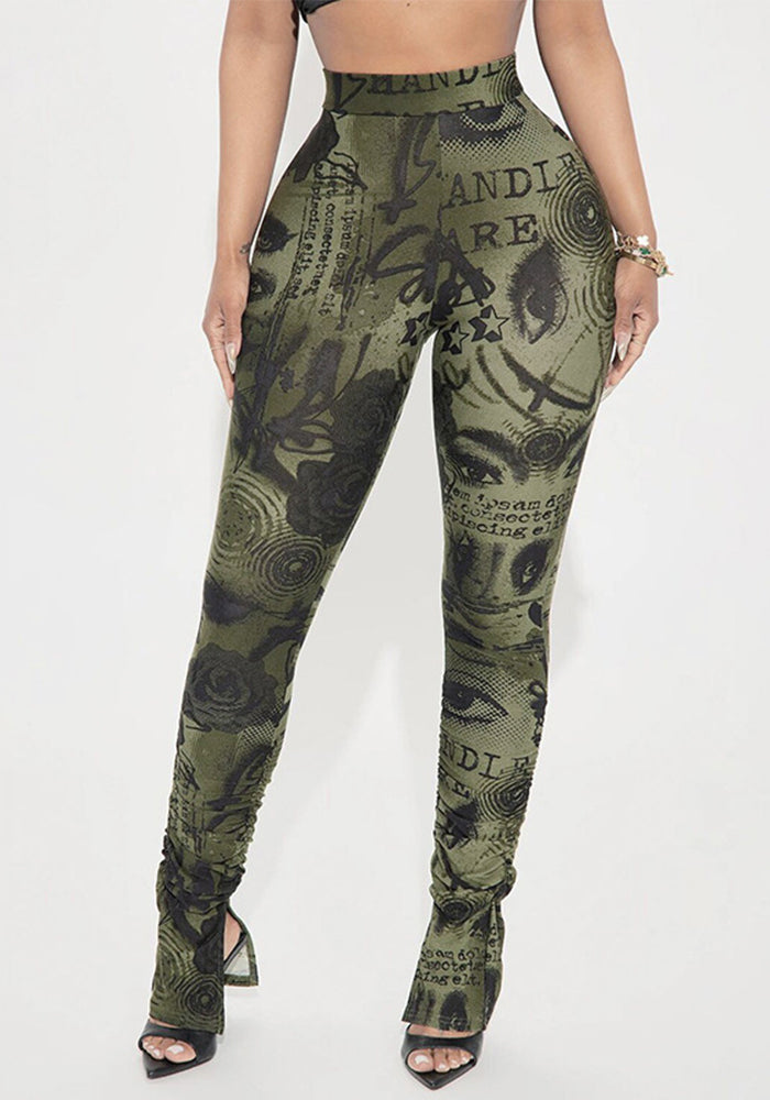 Women Spring/Summer Printed Stretchy Slit Gathered Casual Pants
