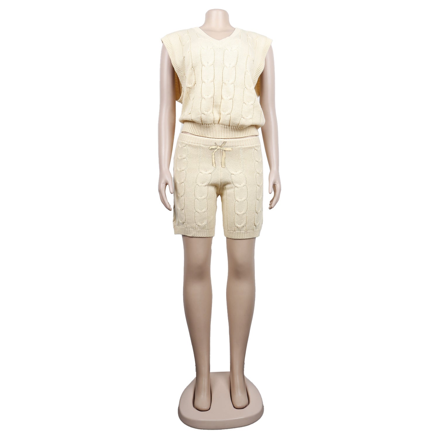 Sexy Solid Deep V Neck Sleeveless Loose Sweater Slim Shorts Two Piece Set 20