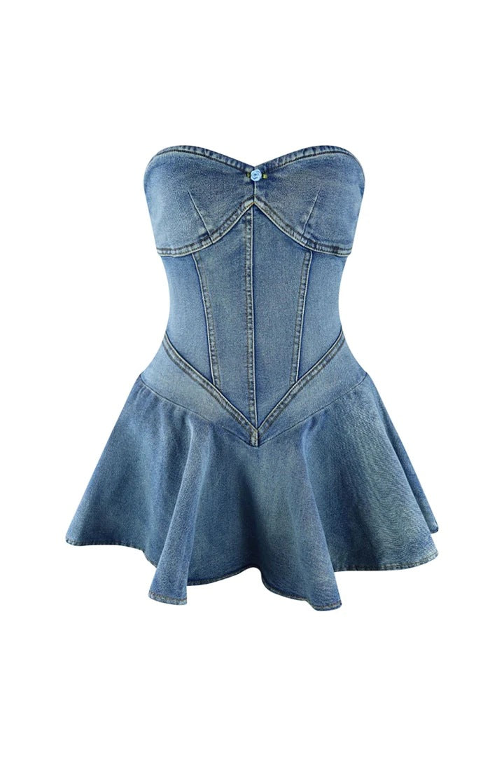 Strapless Slim Ruffle A-Line Denim Dress 6