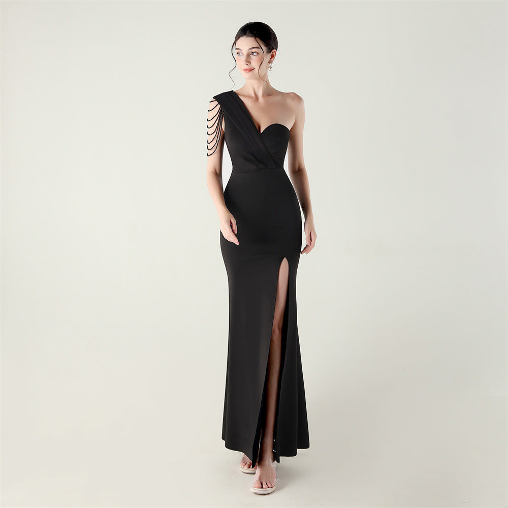 Women sexy and elegant evening beaded one-shoulder slit evening dress 4