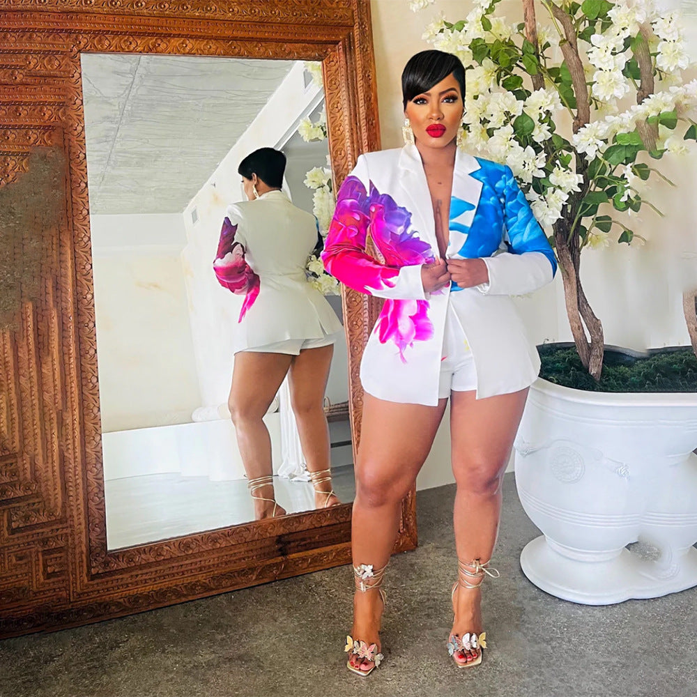 Women's Fashion Casual Collar Printed Blazer Shorts Two Piece Suit