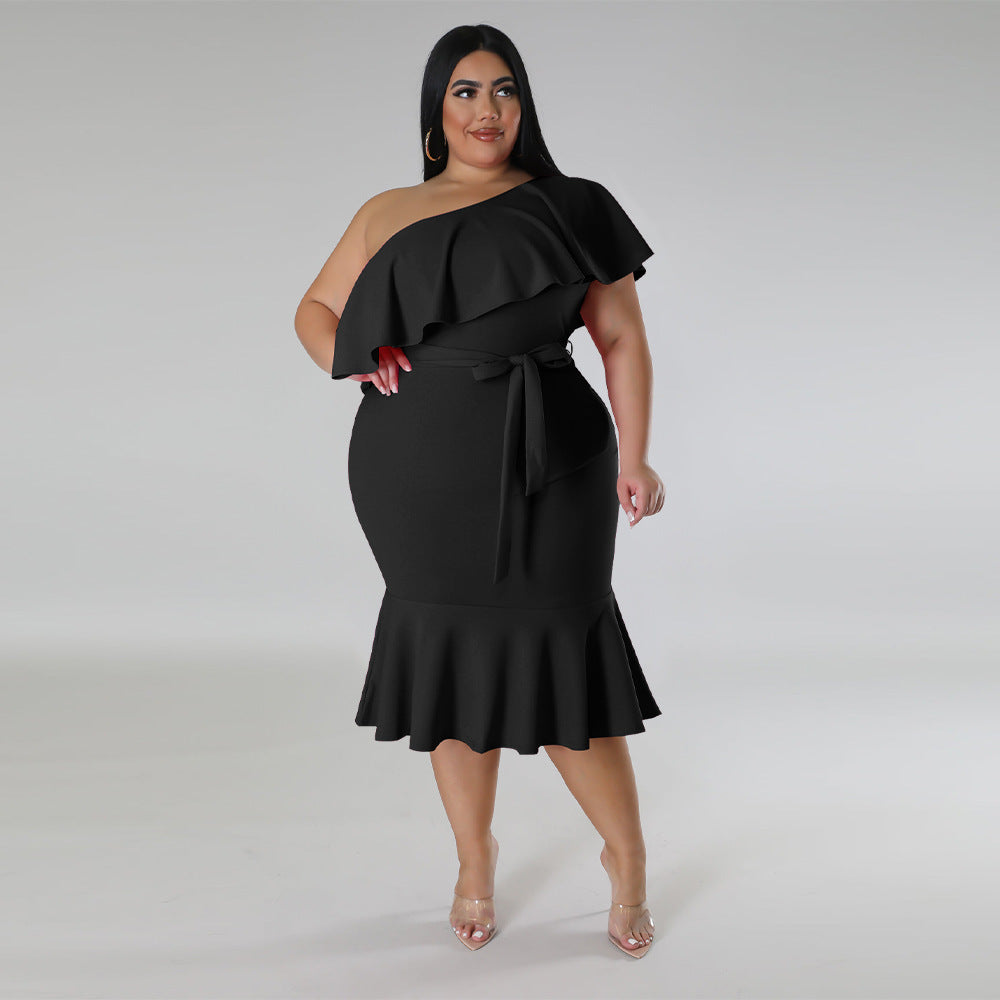 Plus Size Women'S Fashion Fit Casual Ruffle One Shoulder Midi Dress 3