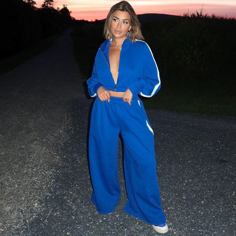 Women's Autumn Fashion Zipper Long Sleeve Top Wide Leg Pants Casual Sports Two Piece Set 6