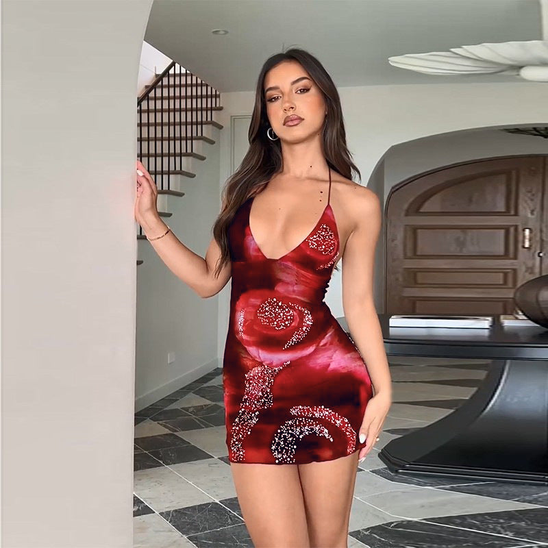 Sexy Low Back Lace-Up Slim Waist V-Neck Flower Print Strap Bodycon Dress 4