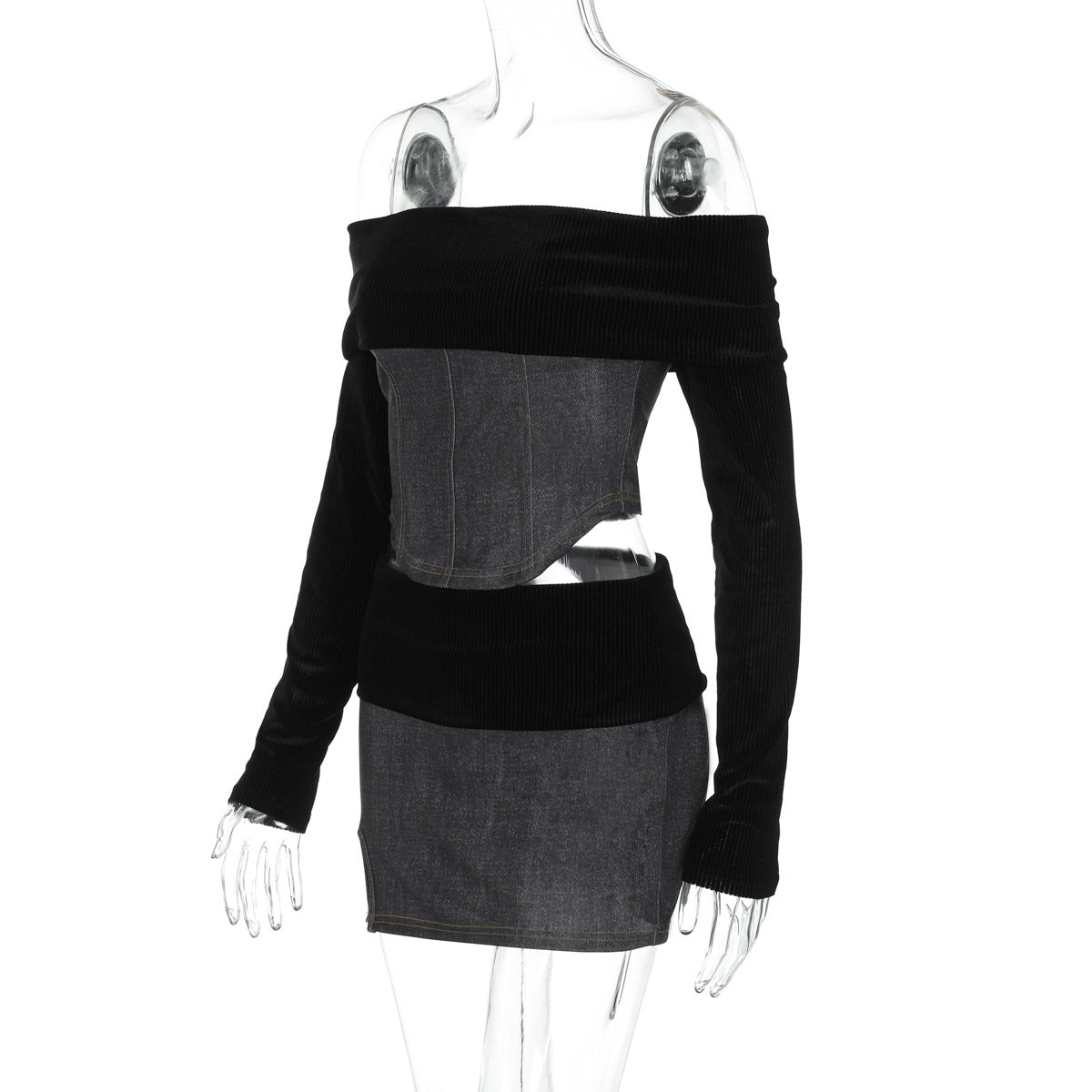 Women Fall and Winter Sexy Off Shoulder Crop Top and Slit Skirt Two Piece Set 10