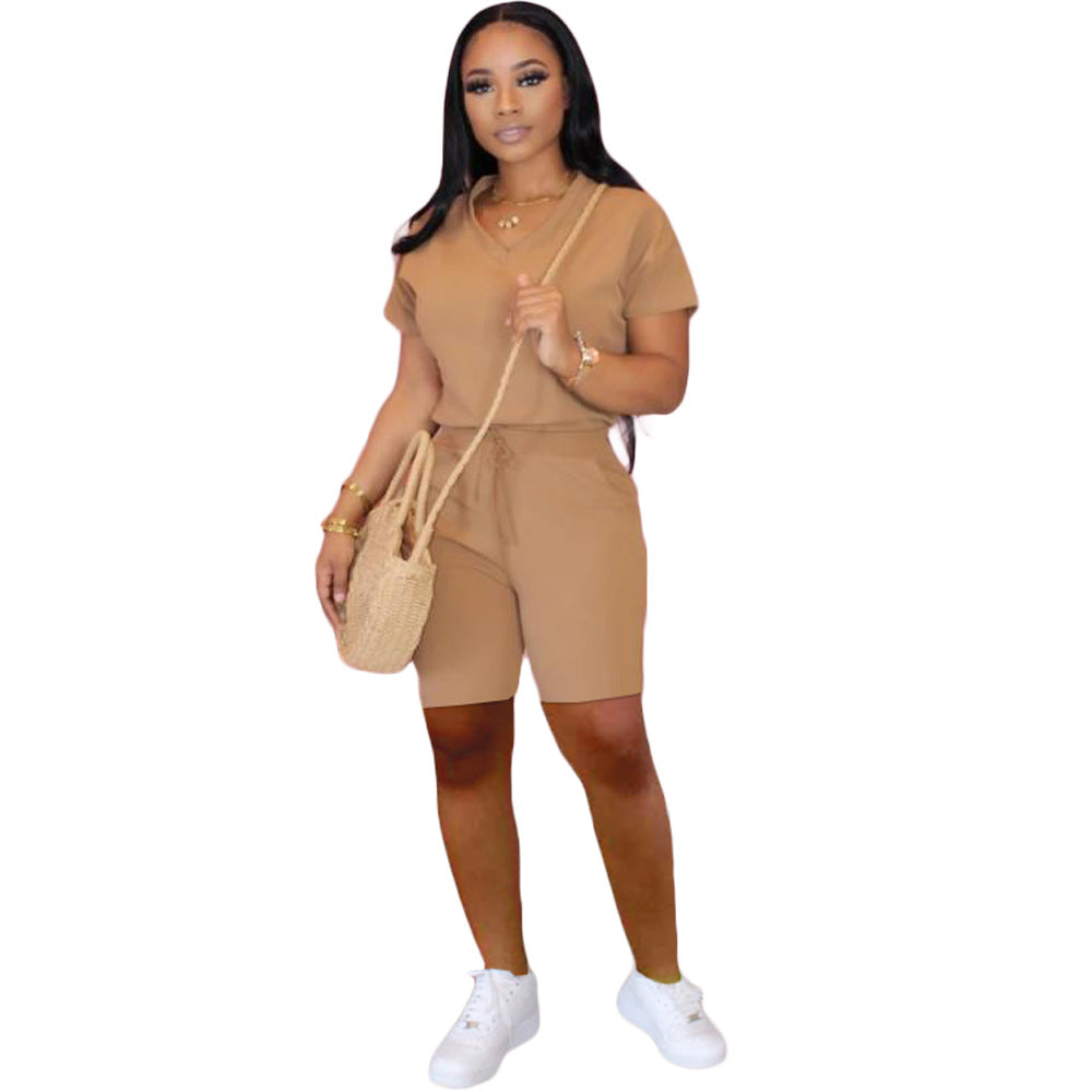 Women Clothing Solid V-Neck Tshirt+Pocket Shorts Two-Piece Set 8