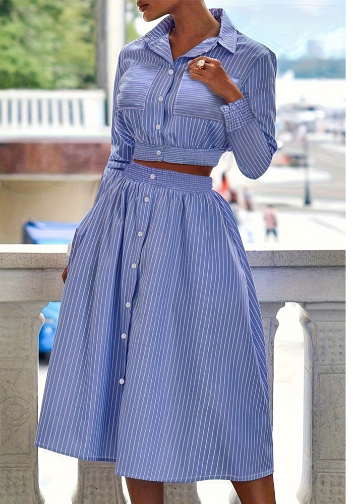 Fashion Casual Striped Long Sleeve Shirt Top Skirt Women Two Piece Set