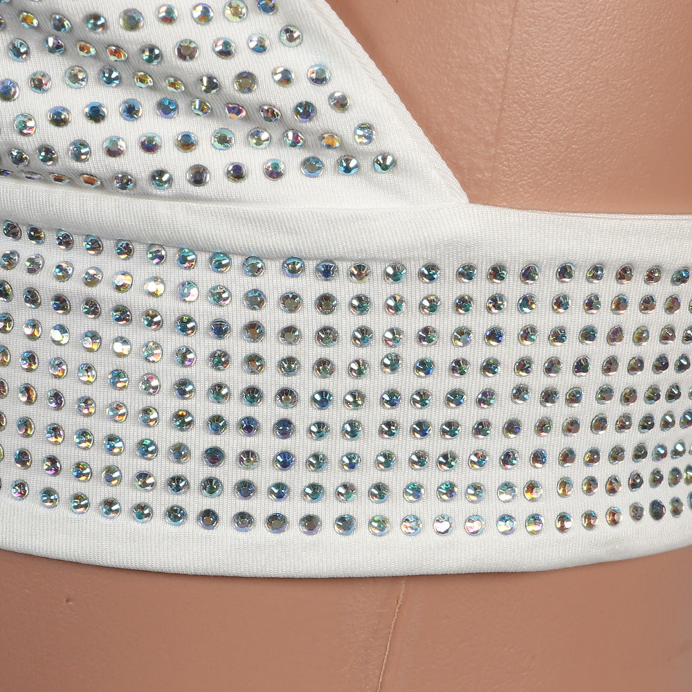 Sexy diamond-encrusted deep V-wrapped chest strap two-piece skirt set 45